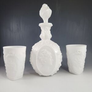 Fostoria Glass Jenny Lind Cameo Decanter White Glass w 2 Drinking Cups Tumblers